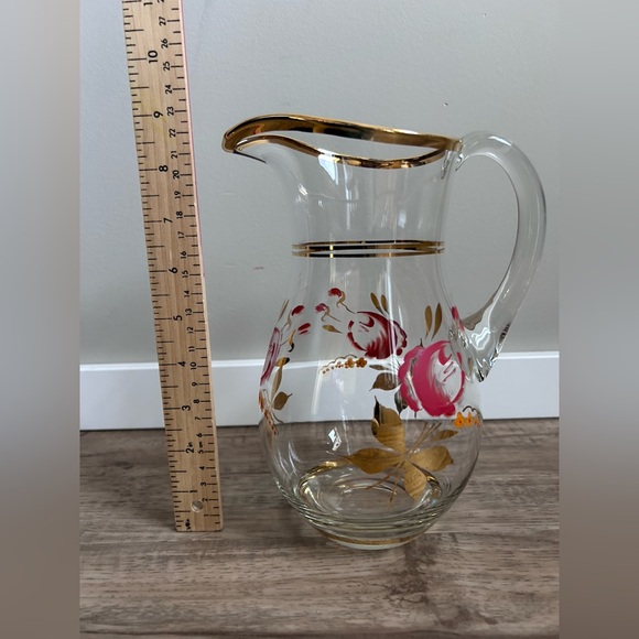 Vintage Hand-Painted Glass Pitcher with Gold Trim floral flowers water juice - Picture 8 of 9